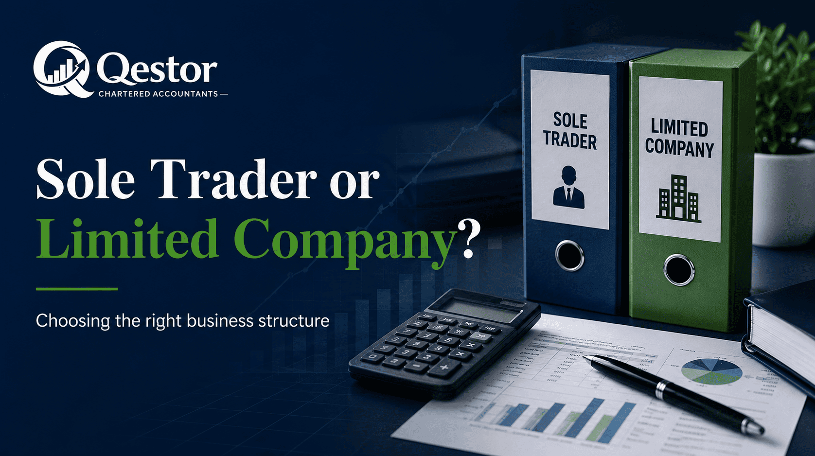 Qestor blog image comparing sole trader and limited company business structures with folders, calculator and financial documents.